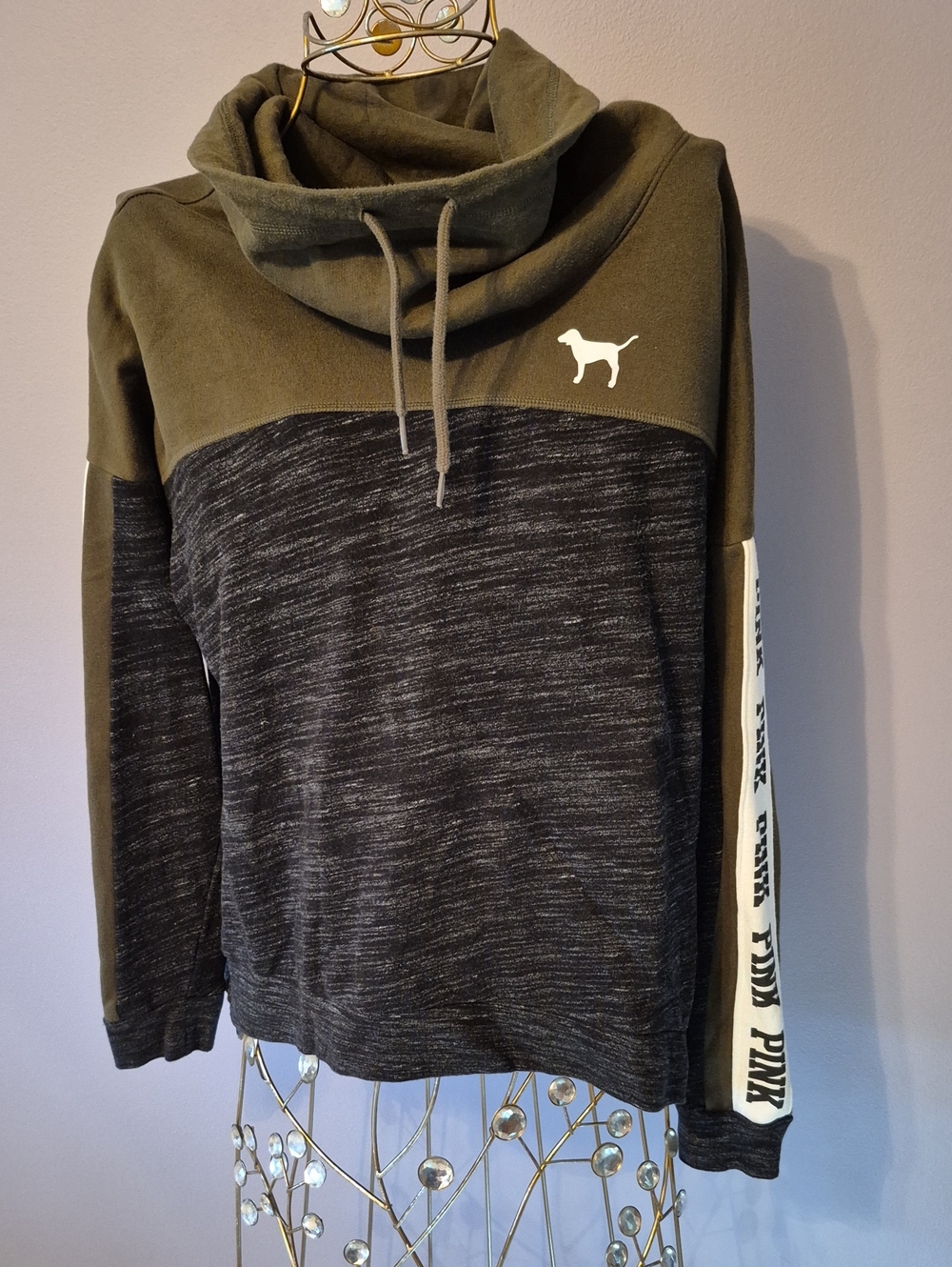 NWOT PINK Victoria's Secret Olive & Charcoal Two-Tone Funnel Neck Pullover